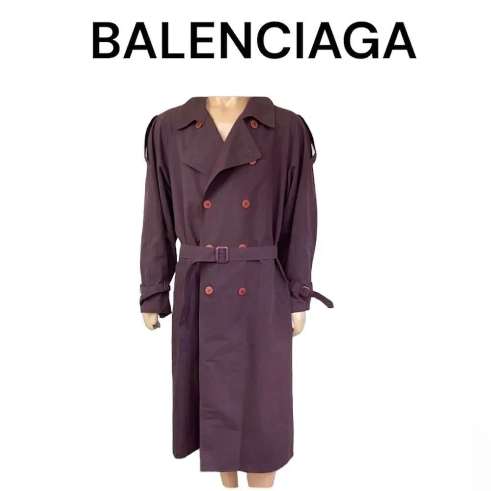 Balenciaga Vintage 80’s Mens Long Double Breasted Belted Trench Coat Purple L